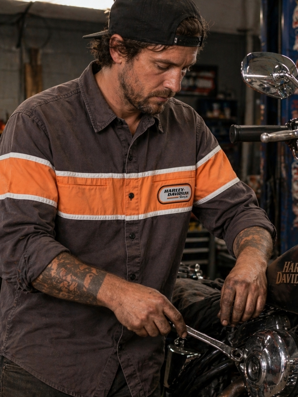 Harley-Davidson Distressed Faded Black Brown Garage Shirt Orange Stripe Workwear